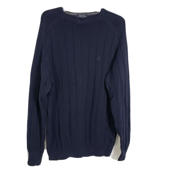 Nautica Sweater Mens Size XXL Blue Ribbed Crew Neck Pullover Thick Cotton Logo - Picture 1 of 7